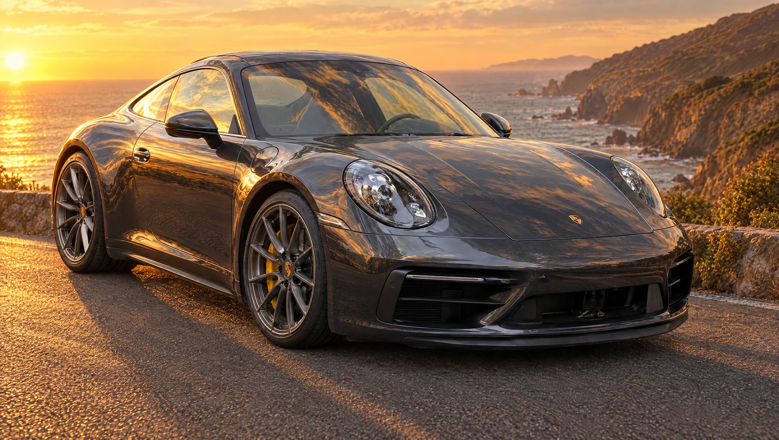 The same sports coupe after a car background change to a coastal road at golden hour