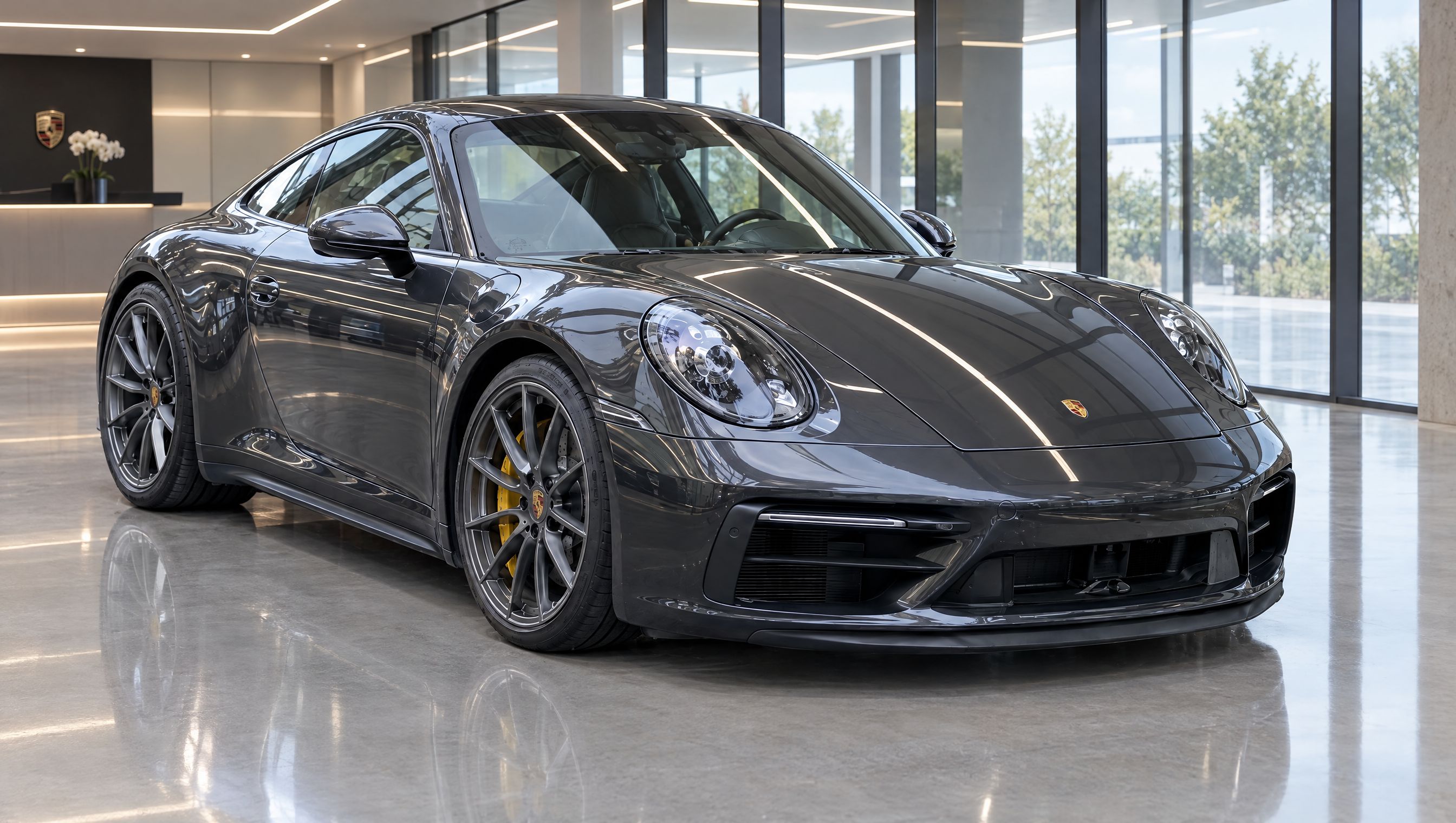 The same sports coupe placed on a premium dealership showroom background