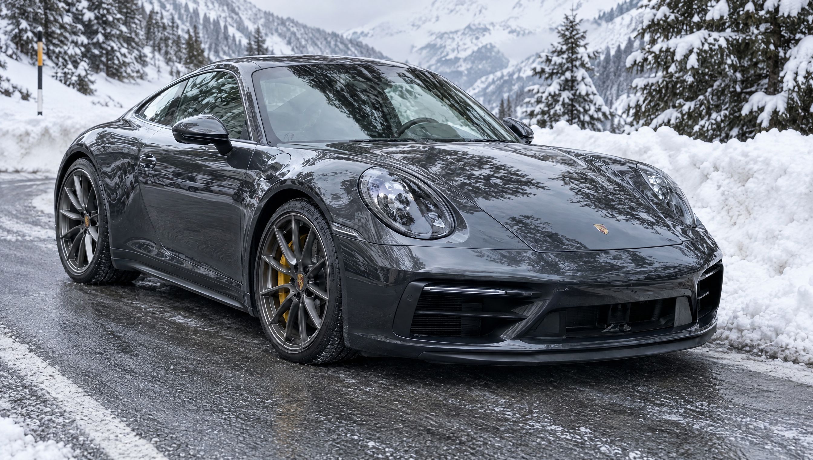 Car photo with a snow background: Cold alpine light on fresh snow