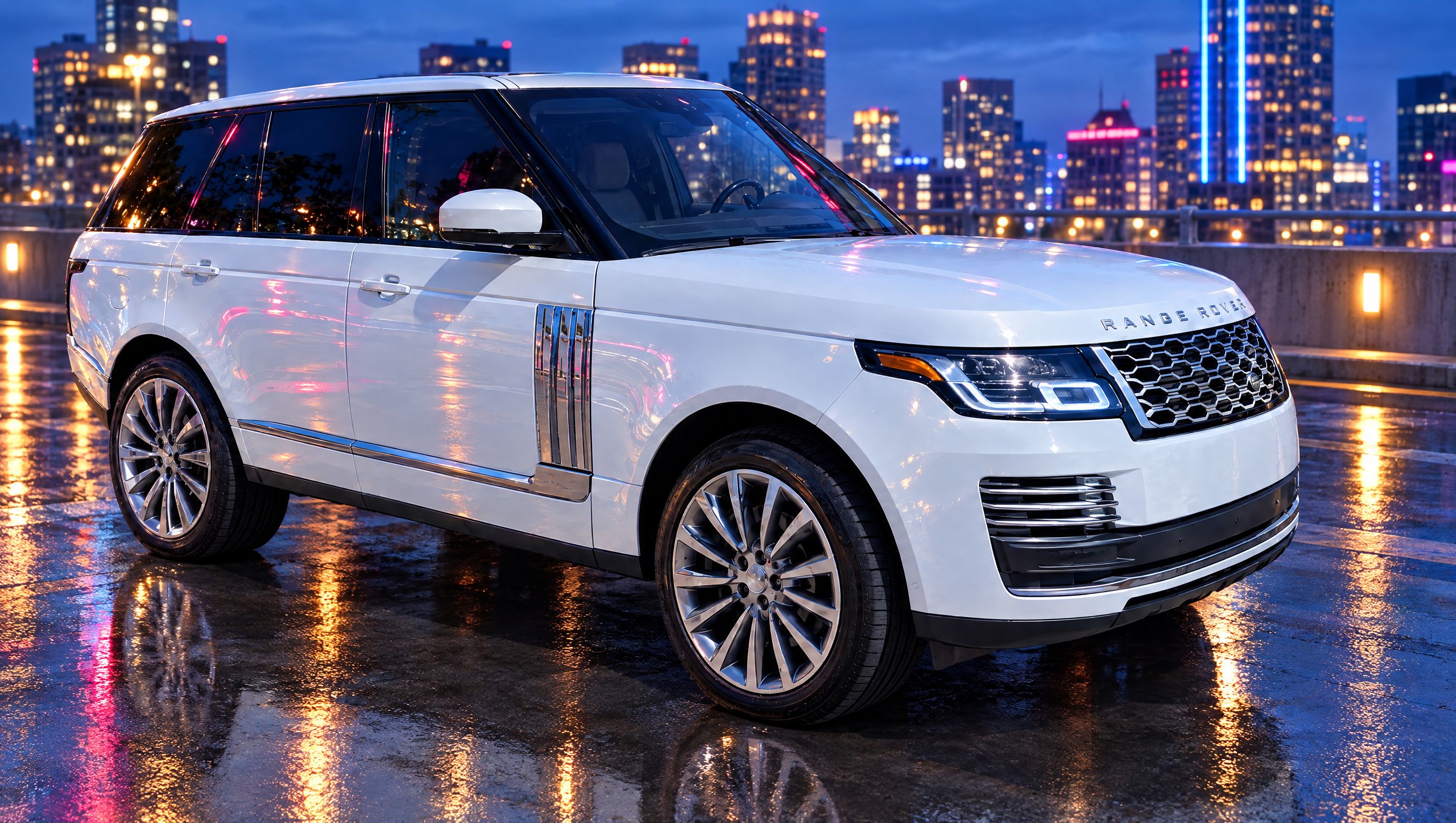 The same white luxury SUV after the car background change, now standing on a wet rooftop with a night city skyline
