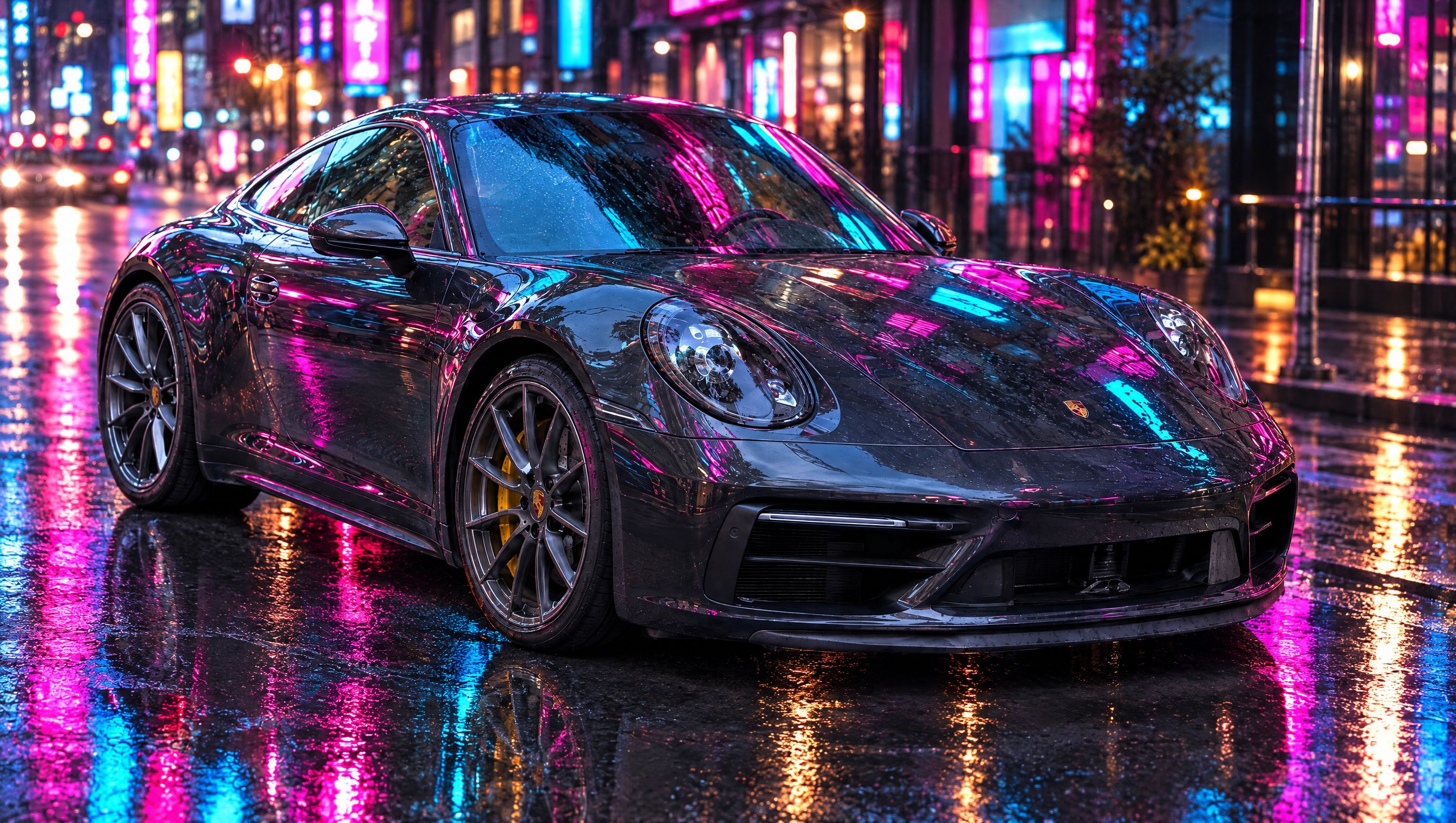 Car photo with a urban night background: Wet city street under neon and street lamps